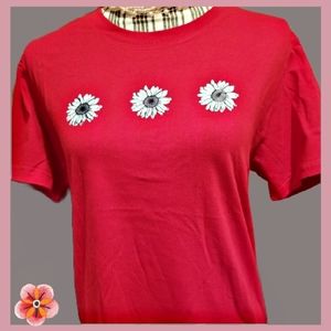 Summer Red Cotton T-Shirt with Daisy Flower Print